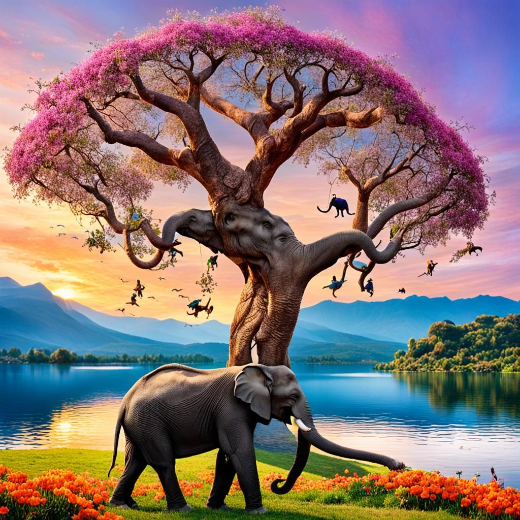 Ancient Tree of Life by Lake at Sunrise