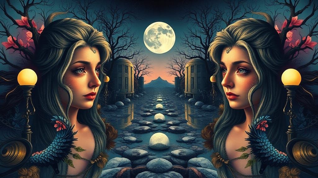 Surreal Mirrored Fantasy Portrait in Watercolor Style