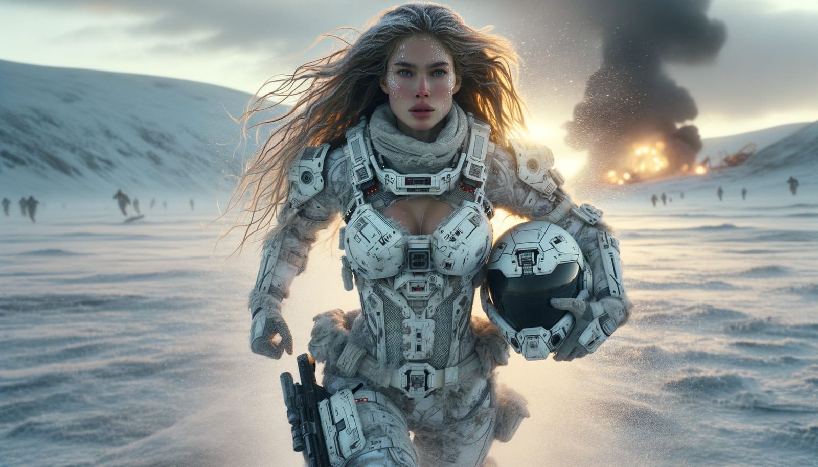 Woman in Tactical Gear Running Through Frozen Tundra