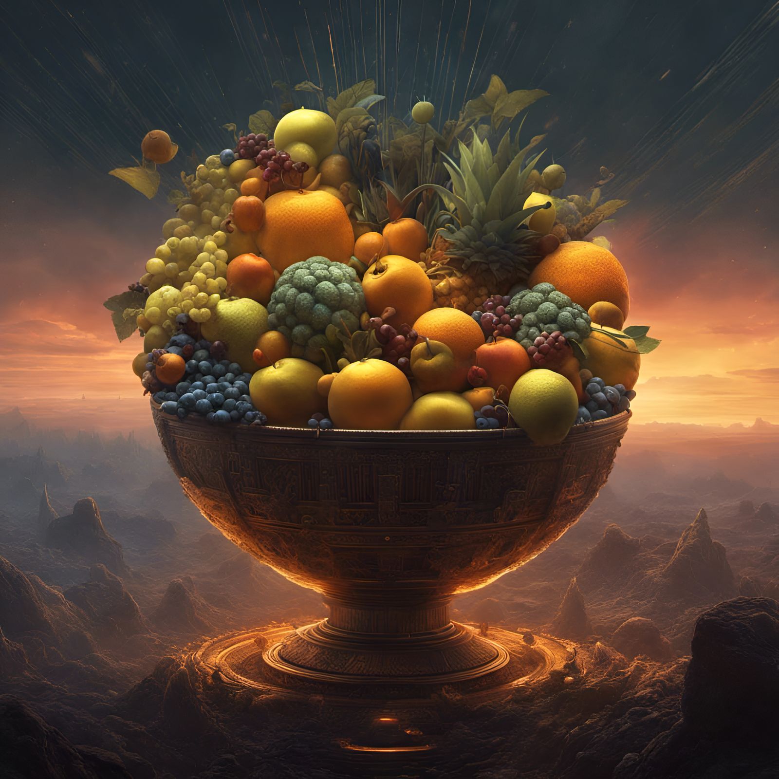 Cybernetic Fruit Bowl: Digital Art by Beksinski and Beeple