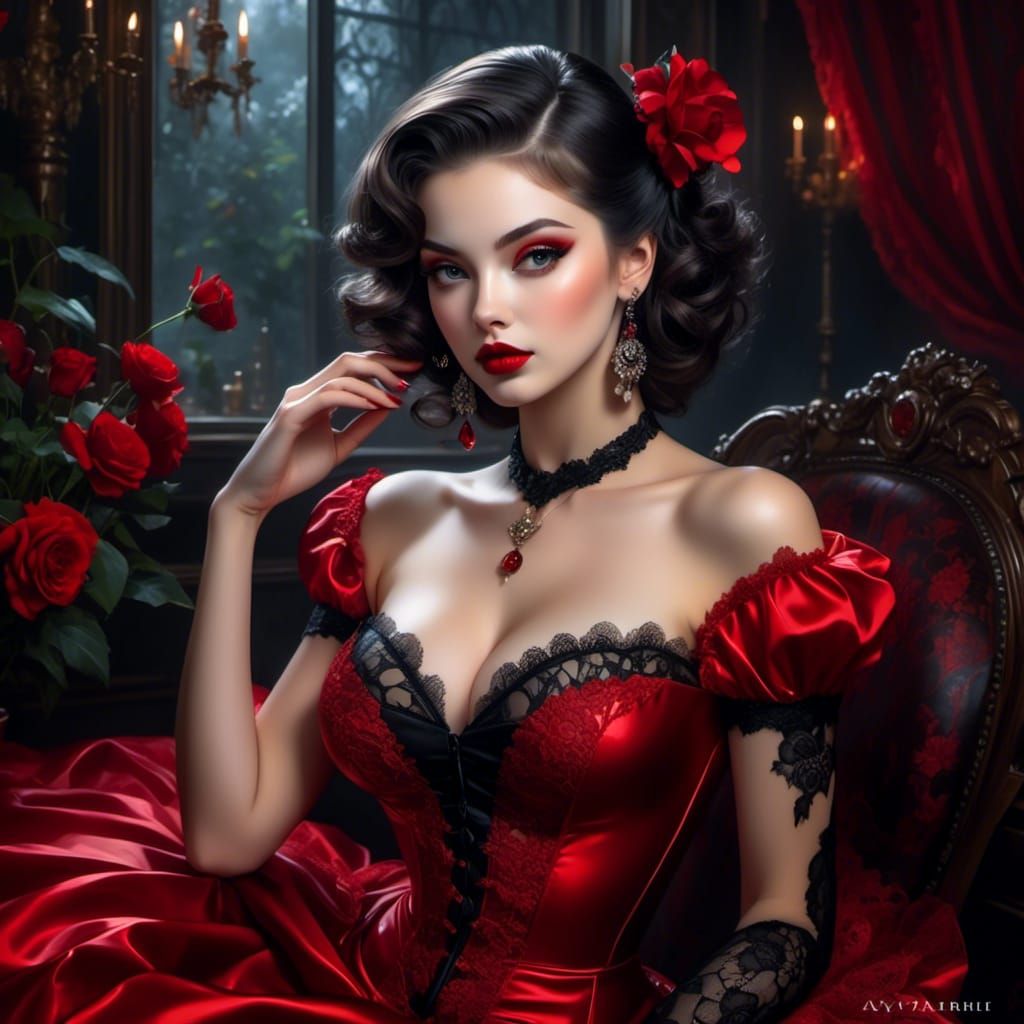 Gothic Oil Painting of French Woman in Lingerie