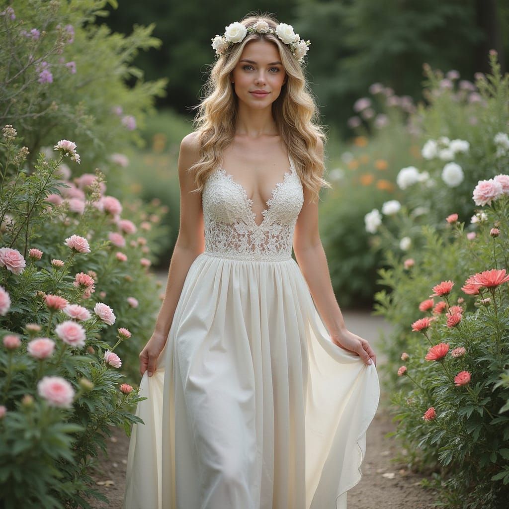 Ethereal Lady Strolls Through Vibrant Garden in Art Nouveau ...