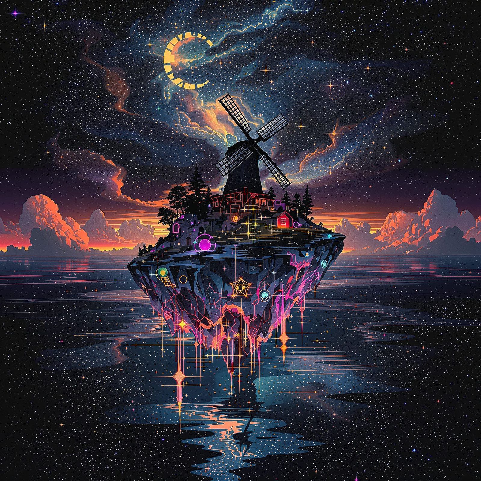 Floating Island Village with Windmill in Indigo Glitch Style