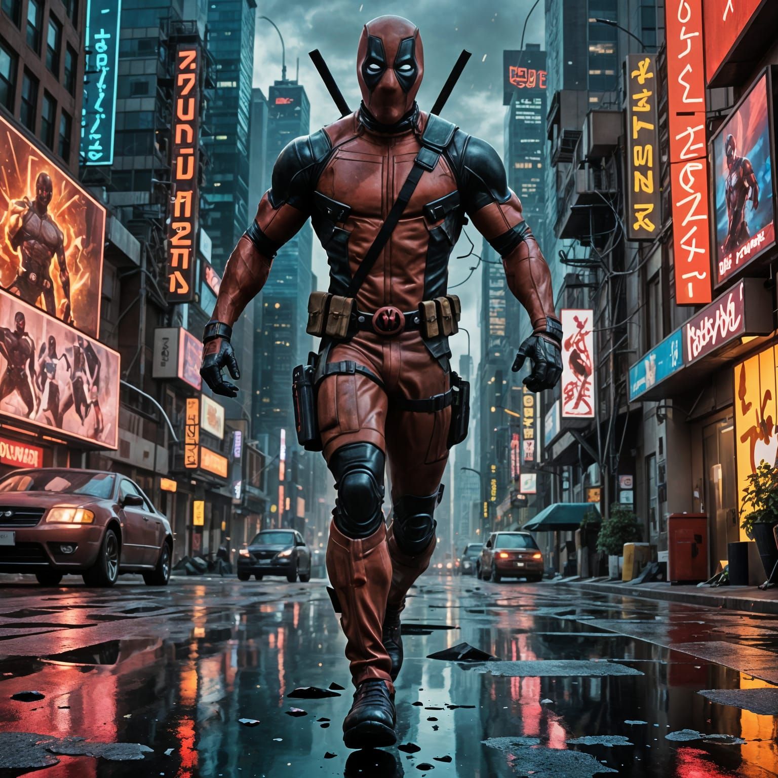 Cyberpunk Deadpool Runs through Neon City