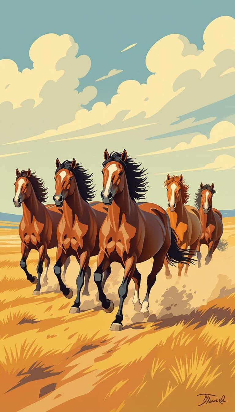 Wild Horses Gallop Across Plain in Comic Style