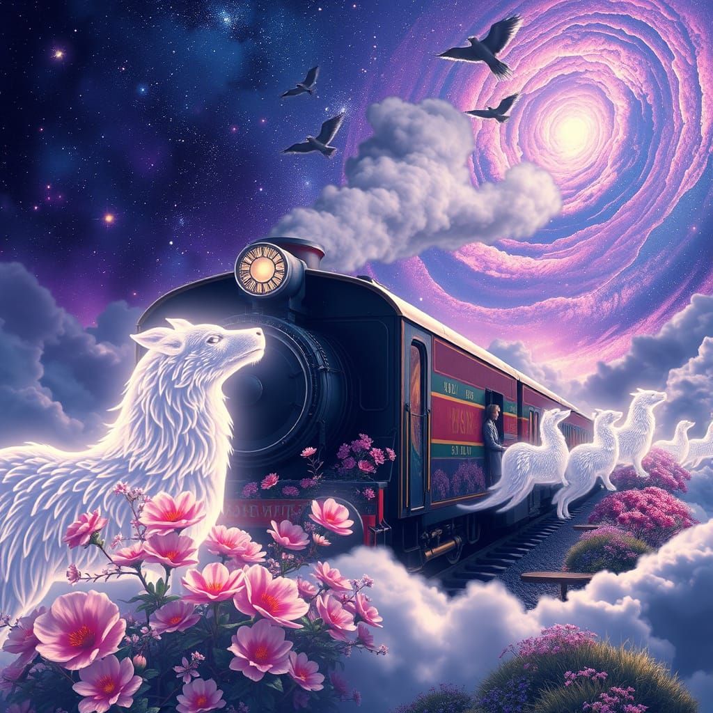 Mystical Train with Cloud Animals and Blooming Flowers