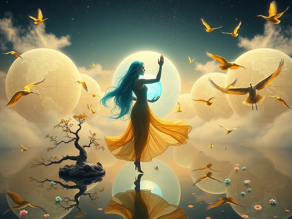 Ethereal Woman Dancing in Sky with Holographic Spheres
