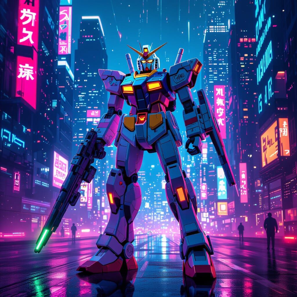 Gundam Heroically Posing in Neon Cityscape
