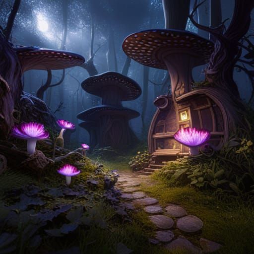 Dark Cottagecore Mushroom Village in Detailed Matte Painting