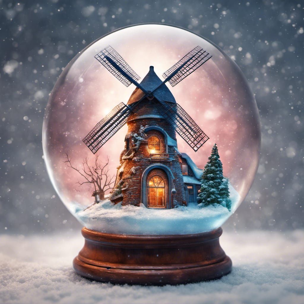 Magical Windmill in Snow Globe: Hyperrealistic Concept Art