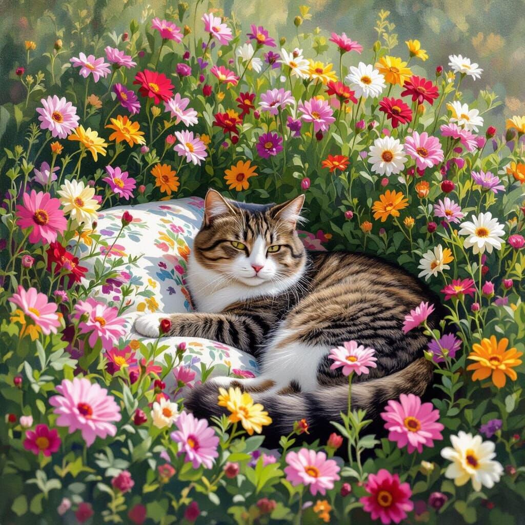 Cat in Flower Bed: Impressionist Illustration