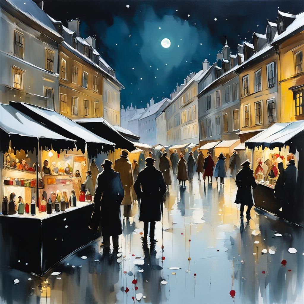 Prague Christmas Market Scene in Marbling Style