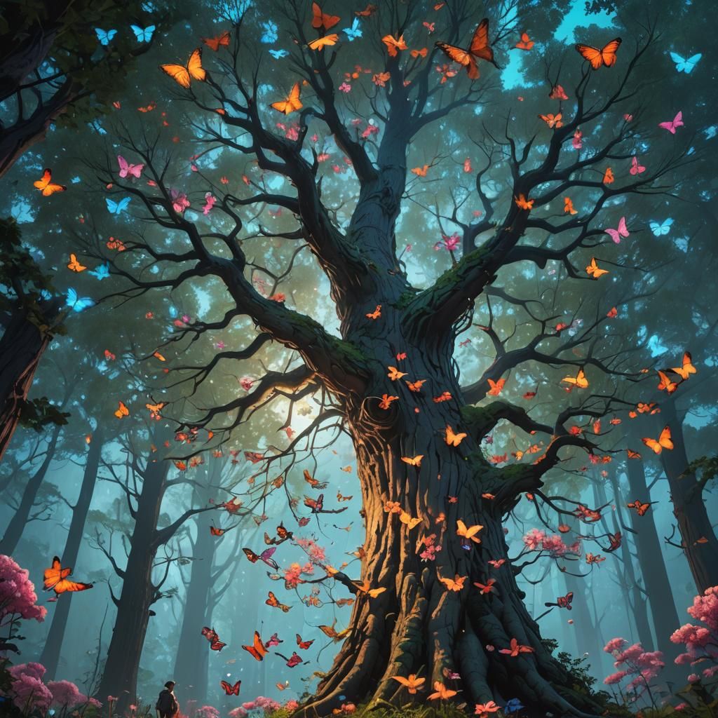 Enchanted Tree and Butterfly Swarm in Moonlit Forest