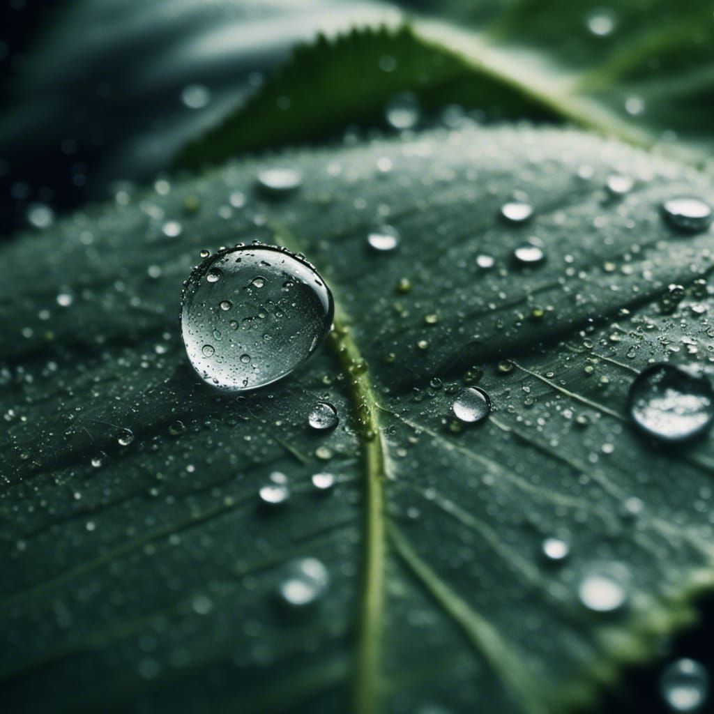 Hyperrealistic Raindrop Landing on Leaf: Cinematic Still