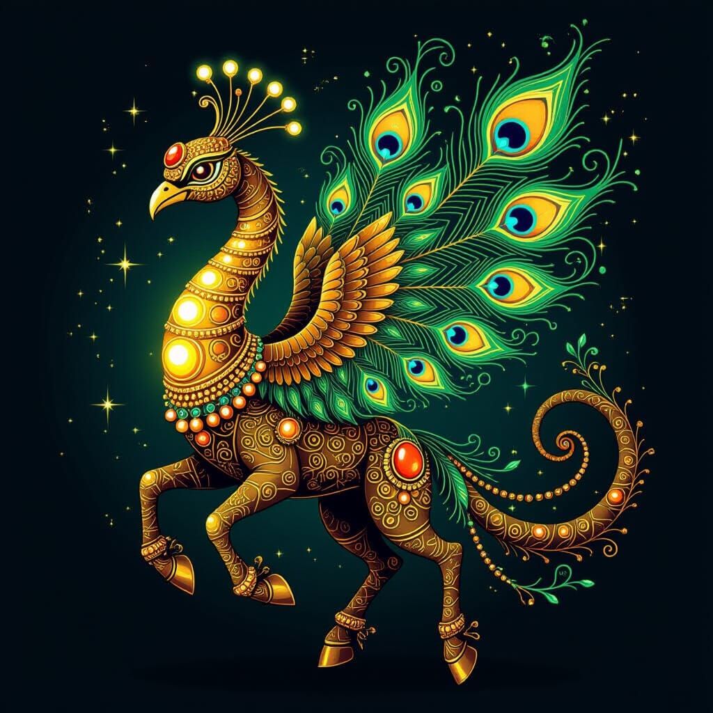 Bioluminescent Serpent-Bird Hybrid in Warli Art Style
