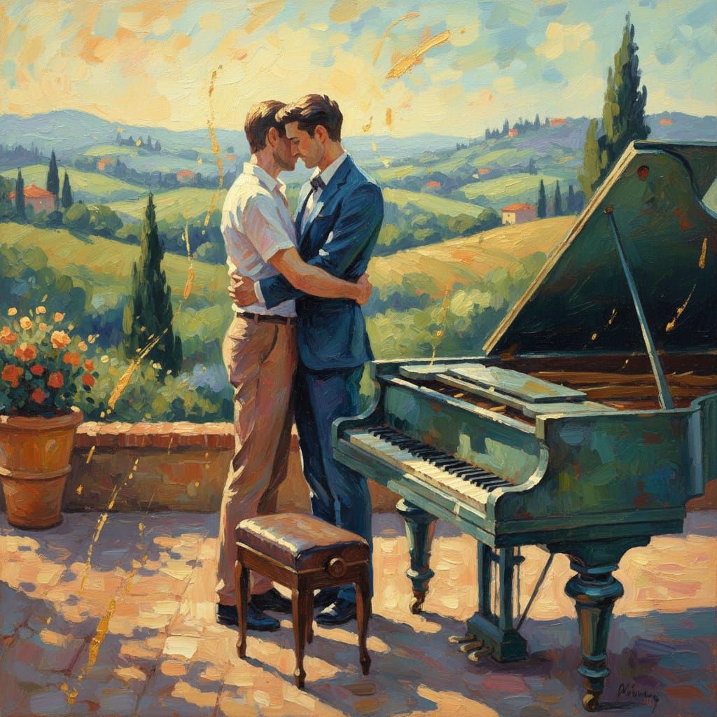 Tuscan Embrace: Couple on Sun-Drenched Terrace in Impression...