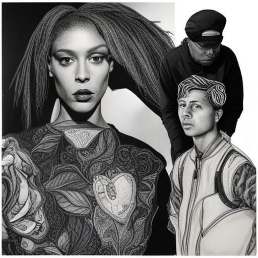 Hip Hop Fashion Collage in Charcoal Style