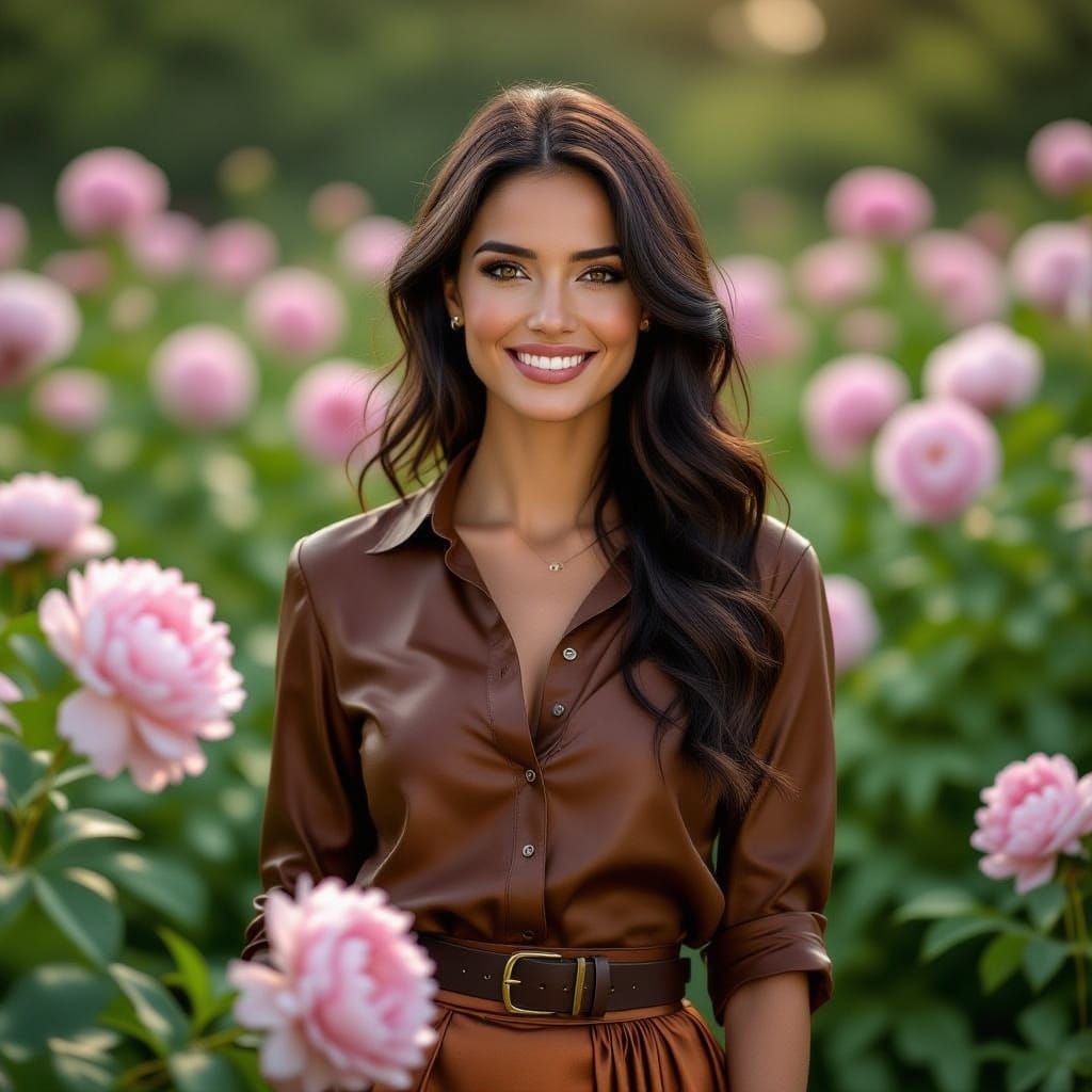 Woman in Brown Leather and Silk in Peony Garden, Alcohol Ink...