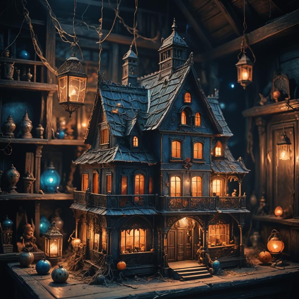 Eerie Dollhouse in Abandoned Attic: Dark Fantasy Art