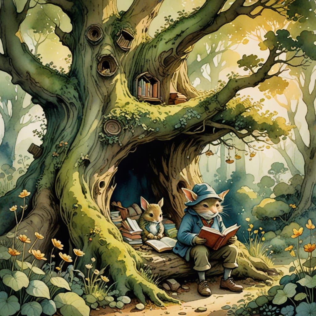 Cozy Goblin Reading Nook in Enchanted Tree