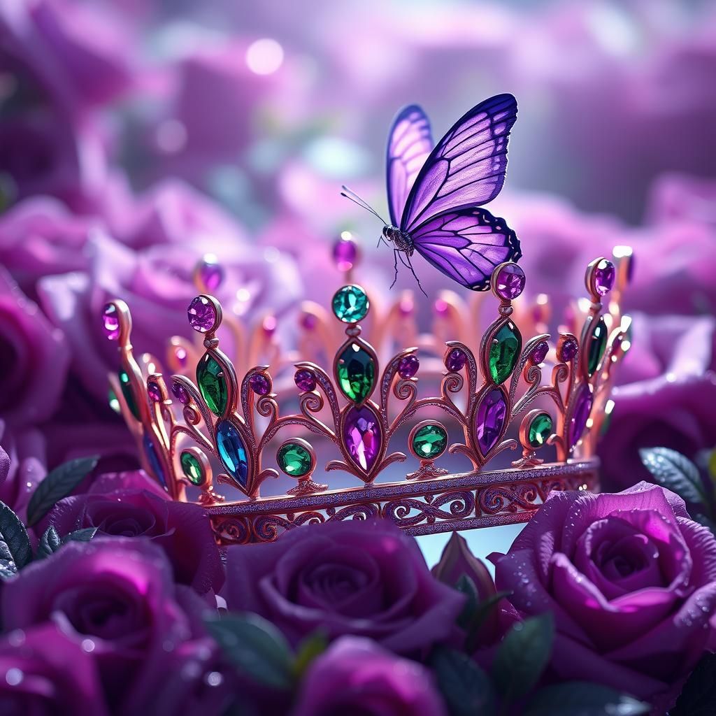 Bejeweled Purple Crown with Butterfly on Violet Roses