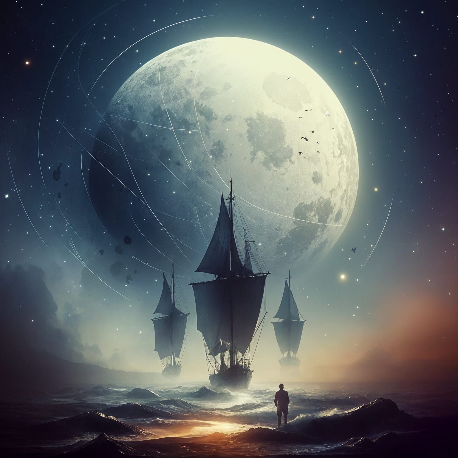 Surrealist Cinematic Dreamer Contemplates Starry Night Sky