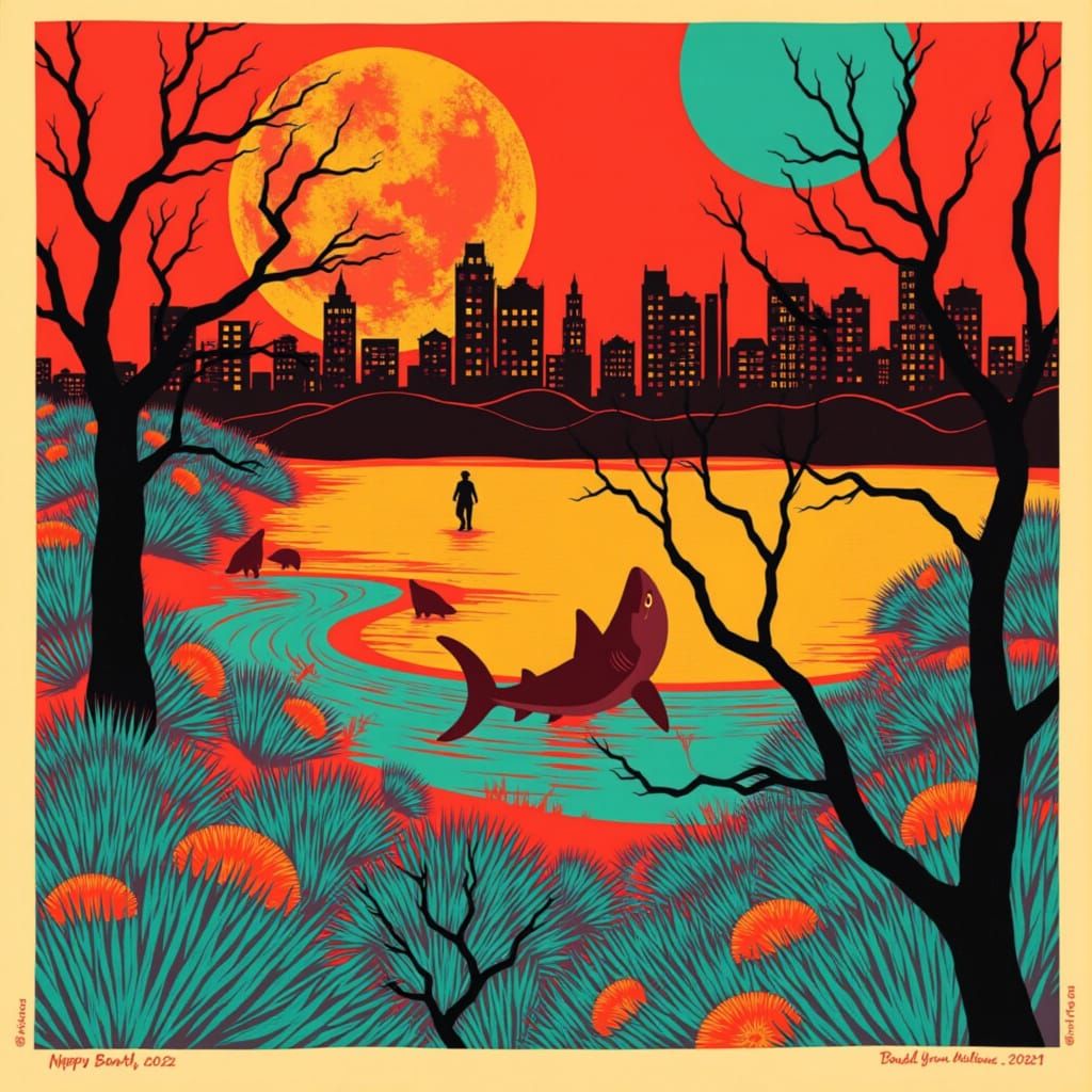 Shark Swims Through Pop Art Cityscape