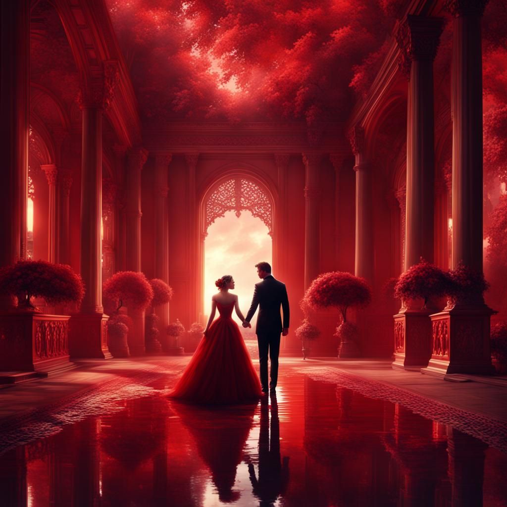 Romantic Couple's Red Embrace: Cinematic Digital Painting
