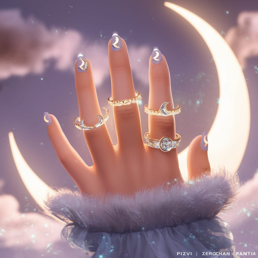 Anime Hand with Moon Rings and Nail Art