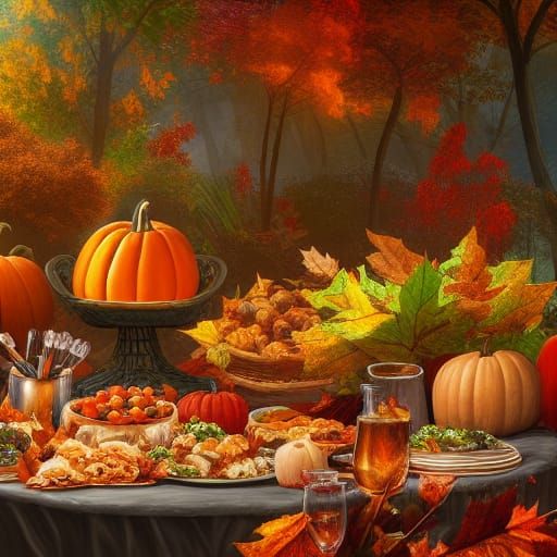 Thanksgiving Feast in Autumn Garden: Detailed Matte Painting