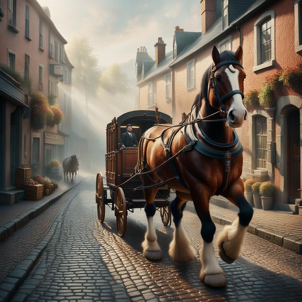 Clydesdale Horse Pulling Dray on Misty Street