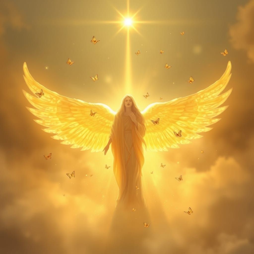 Ethereal Winged Figure Radiating Light in Divine Scene