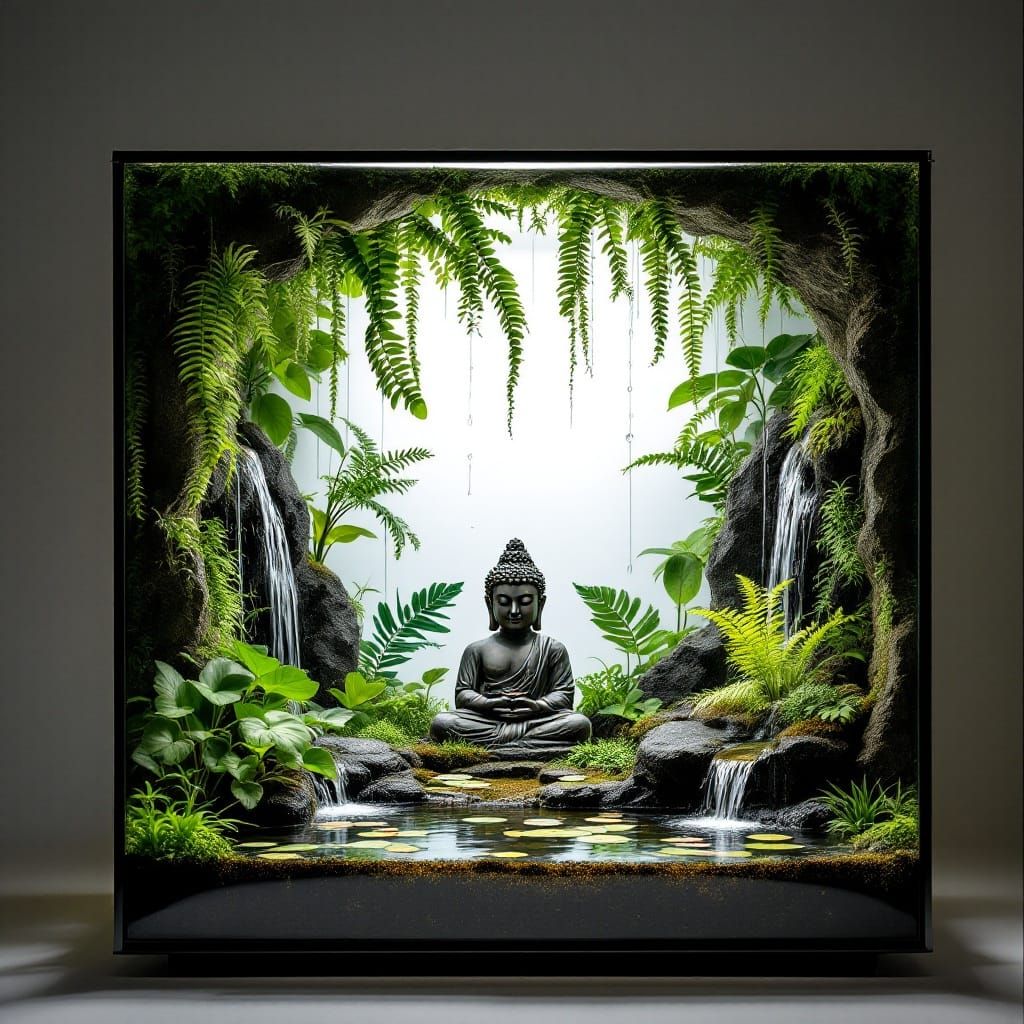 Miniature Tropical Rainforest in Glass Terrarium with Volcan...