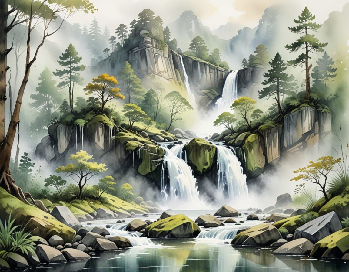 Tranquil Mountain Forest in Soft Watercolor Sketch