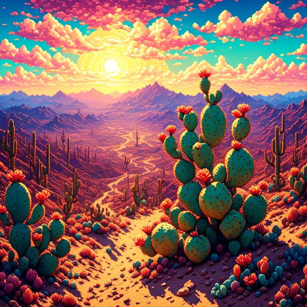 Neon Prickly Pear in Pixelated Desert Landscape