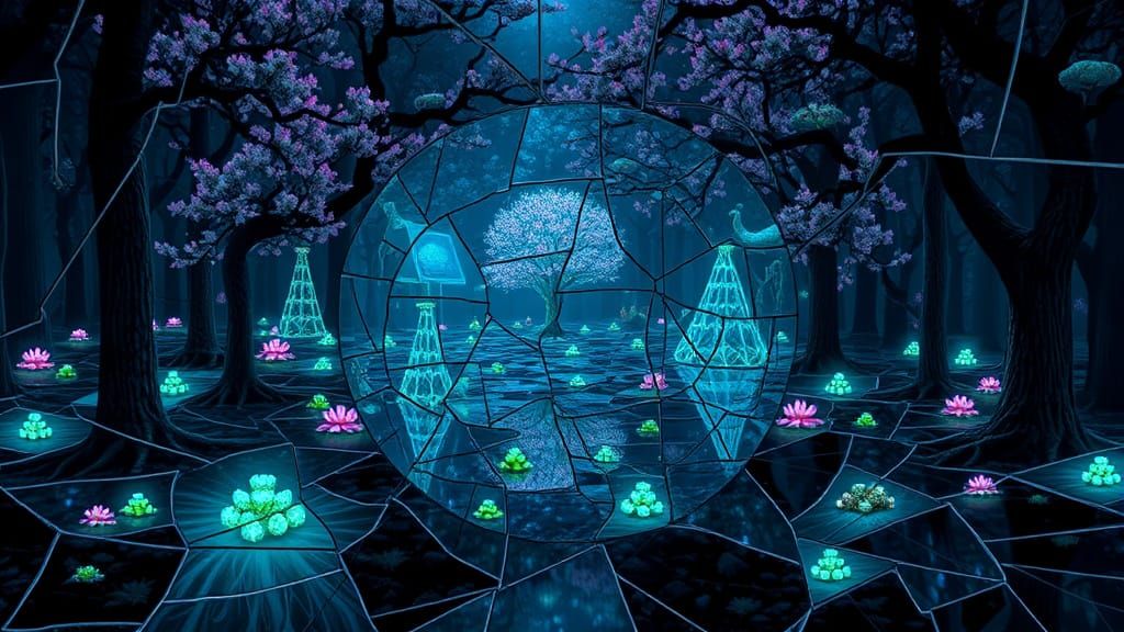 Surreal Mirror Labyrinth with Bioluminescent Plants