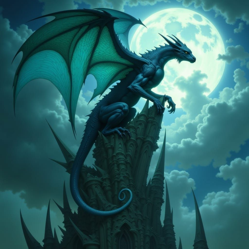 Ancient Bioluminescent Dragon on Gothic Spire