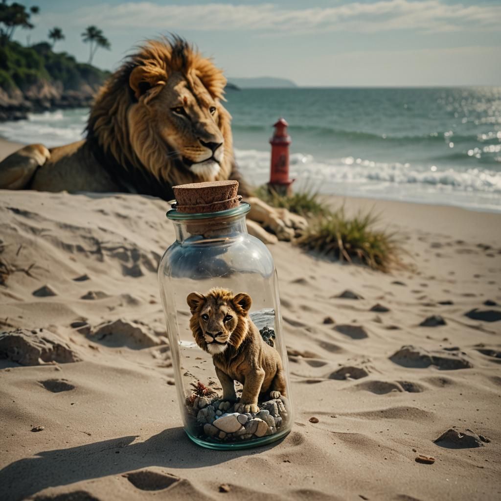Lion in a Bottle: Cinematic Beach Scene