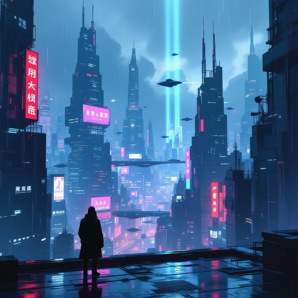 Cyberpunk Cityscape: Lone Figure on Rooftop