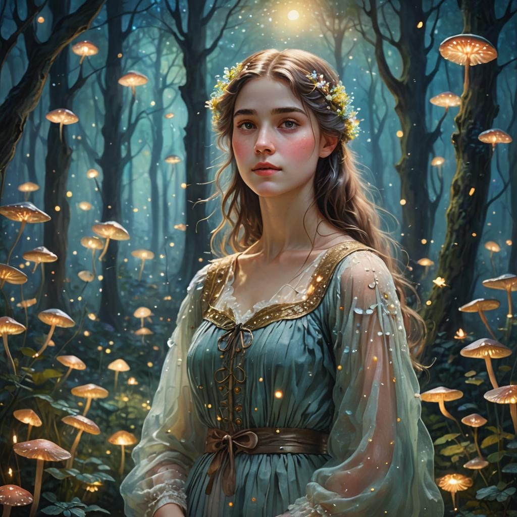 Ethereal Maiden in Forest, Impressionist Style