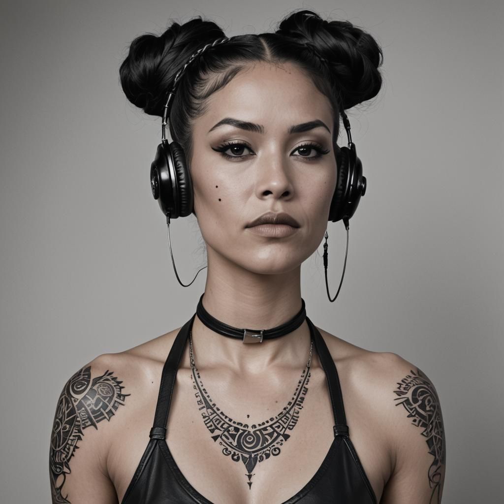 Woman Listening to Music with Headphones and Tattoos
