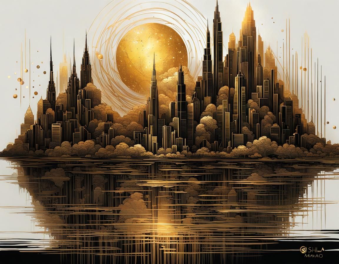 Gleaming Metallic Cityscape Sculpture in Gold