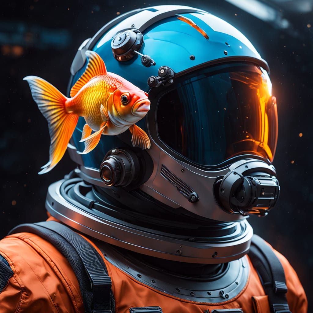 Vibrant Goldfish in Sci-Fi Spacesuit Helmet