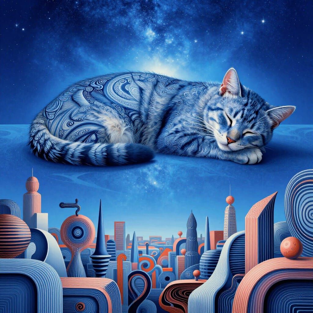 Azure Zentangle Cat Sleeps in Surreal Cityscape