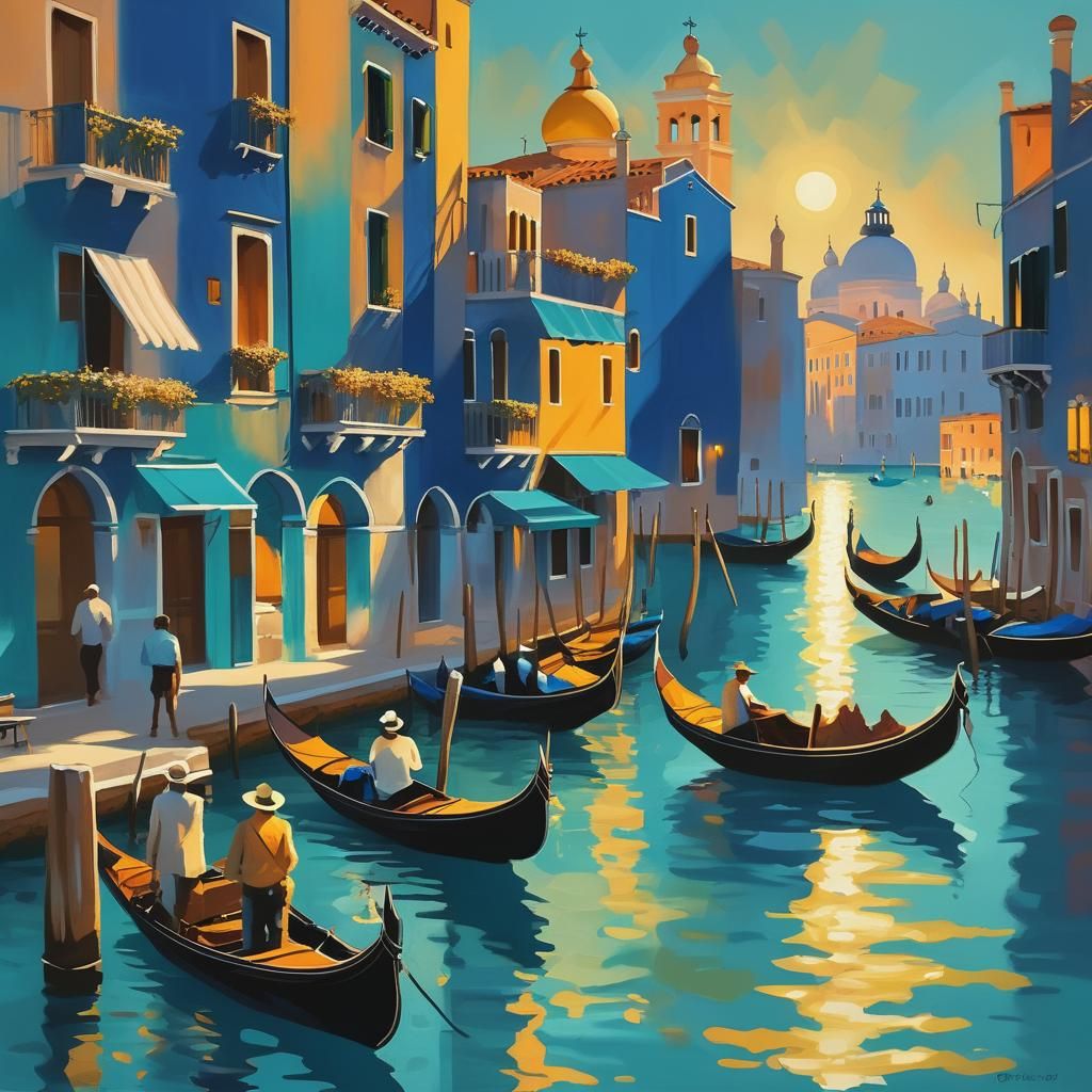 Venetian Sunset with Canals in Impressionist Style