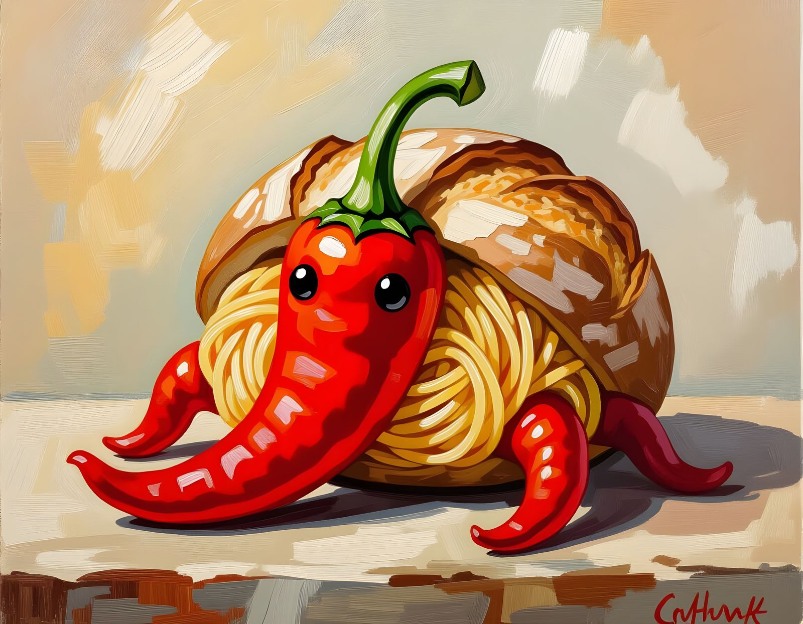 Whimsical Food Creature in Impasto Oil Painting