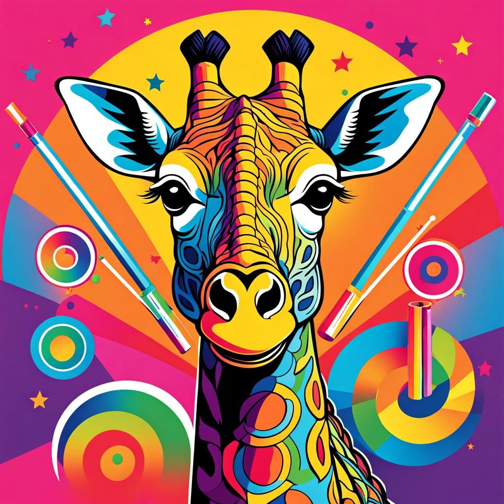 Cartoon Giraffe Smoking in Trippy Rainbow Zoo