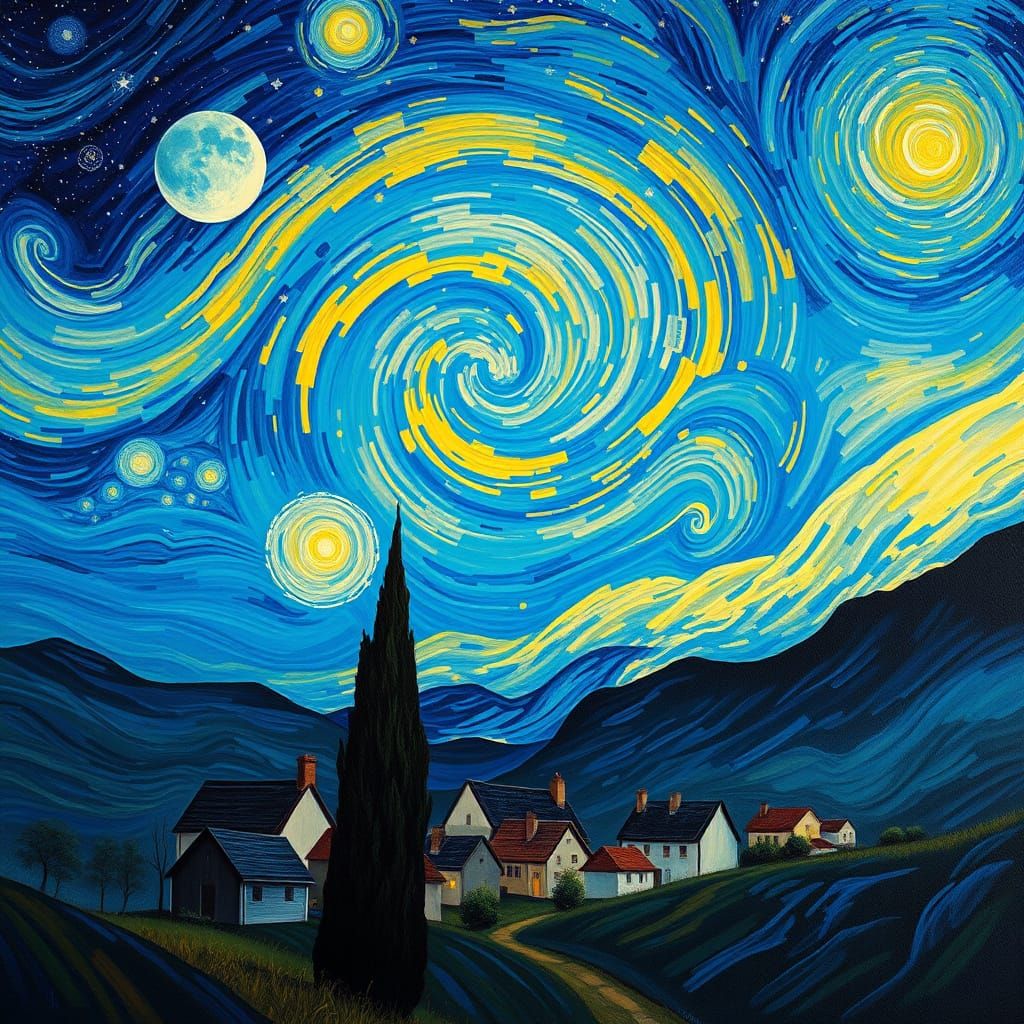 Vibrant Village Nightscape in Cosmic Colors