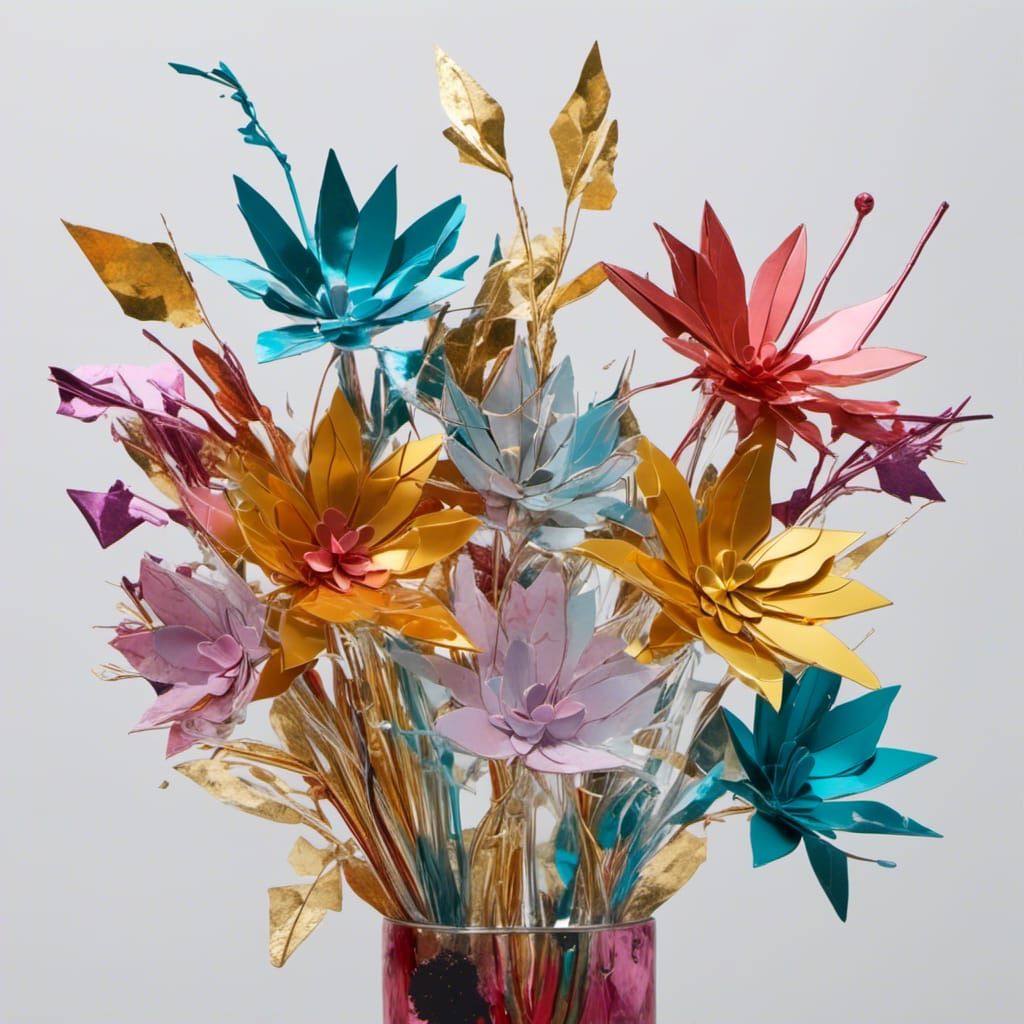 Metal Flowers in Vase with Origami Paper Folds