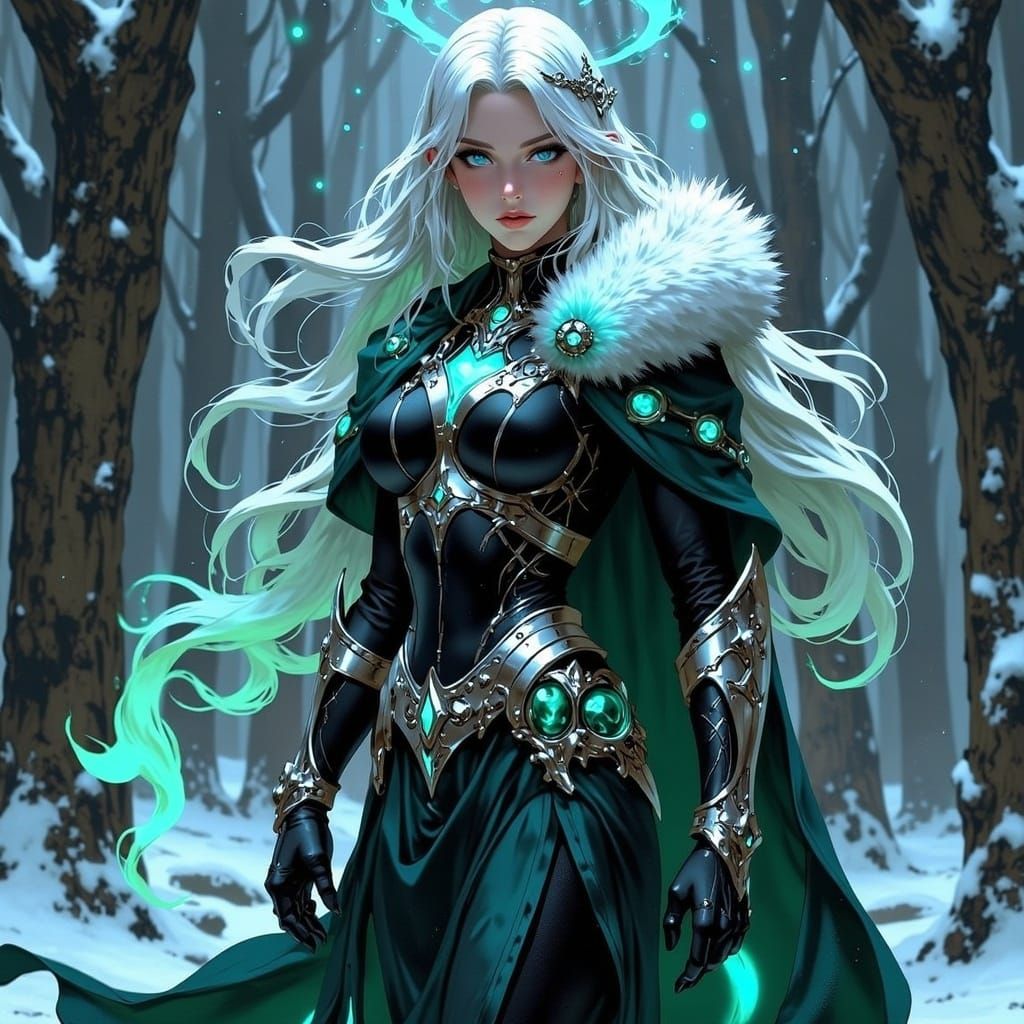 Regal Sorceress in Snowy Mystic Forest